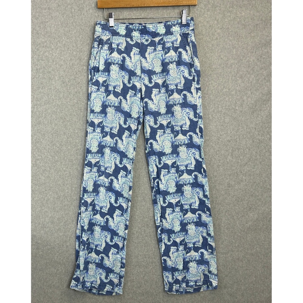 Lilly Pulitzer Size XS Linen Pants Blue White Elephant Print Straight Leg Preppy